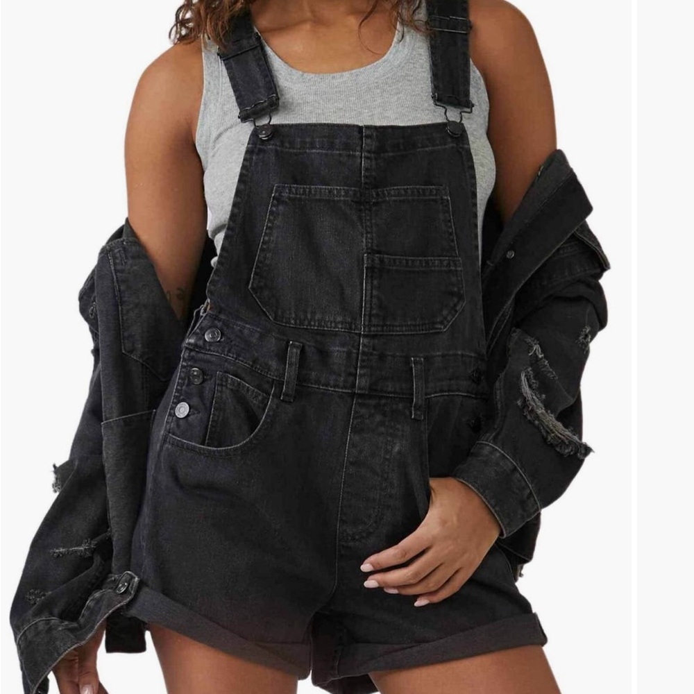 Free People Black Denim Short Overalls